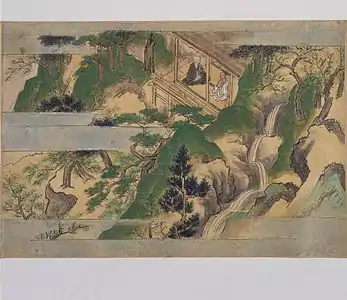 Steep mountain landscape and hermitage, Kiyomizu-dera Engi Emaki [fr], 1517