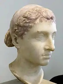 Photograph of an ancient Roman marble sculpture of Cleopatra VII's head as displayed at the Altes Museum in Berlin