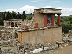 Image 44Restored North Entrance with charging bull fresco of the Palace of Knossos (Crete), with some Minoan colourful columns (from Culture of Greece)