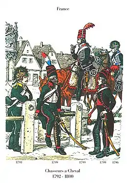 Colored print of French Chasseurs à Cheval of the period 1792–1800