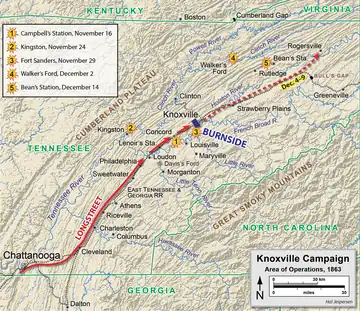 Map is labeled Knoxville Campaign: Area of Operations 1863.