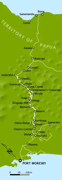 Map of the Kokoda Trail (1942) with Wairopi. The map is rotated to have NE bearings at the top of the page.