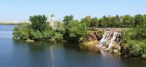 Monastyrskyi Island with a church and steep cliffs