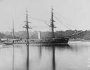 Three-masted armoured warship