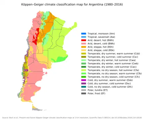 Map showing the different climate zones found within Argentina based on the Köppen climate classification