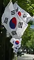 A series of South Korean flags flying on street