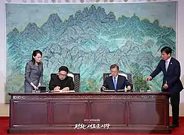 Kim Jong-un and Moon Jae-in seated at a table