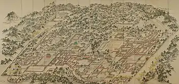 A representative Korean painting depicting the two royal palaces, Changdeokgung and Changgyeonggung located in the east of the main palace, Gyeongbokgung.