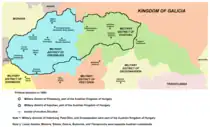 Image 6A map of the northern part of the Habsburg Kingdom of Hungary in 1850, showing the two military districts which had administrative centres in the territory of present-day Slovakia (from History of Slovakia)