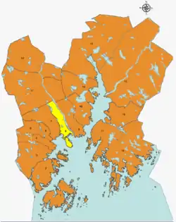 Location of Kvadraturen, shown in yellow, in Kristiansand