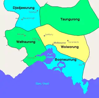 The image is a map of the Melbourne area with coloured areas labelled (n a clockwise direction from the west of Port Philip Bay around to the east: 'Wathaurong', 'Djadjawurung', 'Taungurung', 'Woiworung', and 'Boonwurrung'.