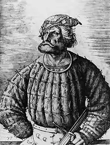 Court jester of Emperor Maximilian I. Etching by Daniel Hopfer, (1493).