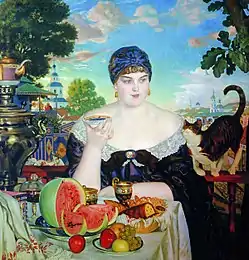 Watermelon and other fruit in Boris Kustodiev's Merchant's Wife