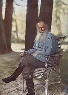 Tolstoy in the park in May 1908 (age 79). Taken by Prokudin-Gorsky, this was the first color photo portrait made in Russia.[citation needed]