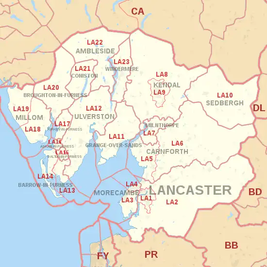 LA postcode area map, showing postcode districts, post towns and neighbouring postcode areas.