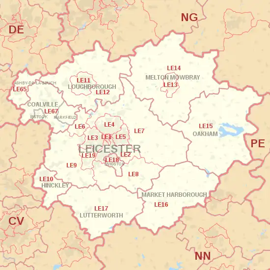 LE postcode area map, showing postcode districts, post towns and neighbouring postcode areas.