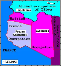 The three regions of Libya during the Allied occupation: Tripolitania and Cyrenaica were British-administered, while Fezzan was French