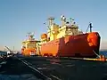 The Laurence M. Gould docked at Punta Arenas, Chile, alongside her older and bigger sister ship, the Nathaniel B. Palmer