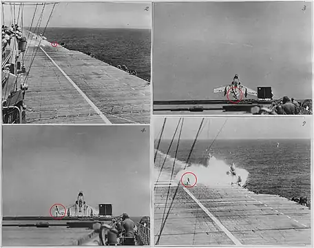 LSO running for cover aboard USS Hancock during an F7U-3 crash, 14 July 1955. The pilot was killed, along with three deck crew who were in the path of the fireball.