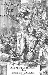 Illustration from La vie de Mahomet, by M. Prideaux, published in 1699. It shows Muhammad holding a sword and a crescent while trampling on a globe, a cross, and the Ten Commandments.