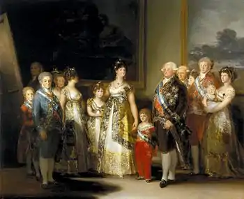 Image 20Charles IV of Spain and His FamilyPainting credit: Francisco GoyaCharles IV of Spain and His Family is a portrait of the royal family of Spain painted by Francisco Goya in 1800 and 1801. King Charles IV, his wife Maria Luisa of Parma, and his children and relatives are dressed in the height of contemporary fashion, lavishly adorned with jewelry and the sashes of the order of Charles III. The artist does not attempt to flatter the family; instead the group portrait is unflinchingly realist, both in detail and tone. The artist, seated at his easel, is visible in the background. The painting is in the collection of the Museo del Prado in Madrid.More selected pictures