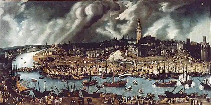 Image 65The Port of Seville in the late 16th century. Seville became one of the most populous and cosmopolitan European cities after the expeditions to the New World. (from History of Spain)