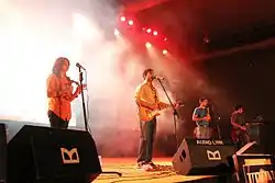 Three men and a woman performing at a concert