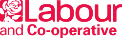 Red on white words "Labour and Co-operative" in sans-serif font to the right of white on red silhouette of a rose