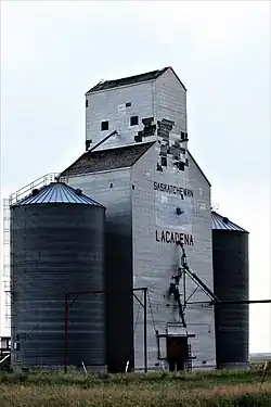 Former Saskatchewan Wheat Pool grain elevator in Lacadena, originally from Saltburn, moved to Lacadena in 1980.