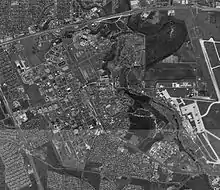 Grayscale aerial view of Lackland AFB