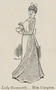  black and white sketch of middle aged white woman in long Victorian frock, wearing a cook's apron