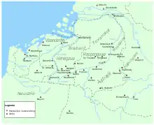 Image 8Southern part of the Low Countries with bishopry towns and abbeys c. 7th century. Abbeys were the onset to larger villages and even some towns to reshape the landscape. (from History of Belgium)