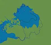 Lake Ladoga as part of the Ancylus Lake (between 9300 and 9200 yr BP). The dark green line marks the southern shoreline of Lake Ladoga during the Yoldia stage of the Baltic basin.