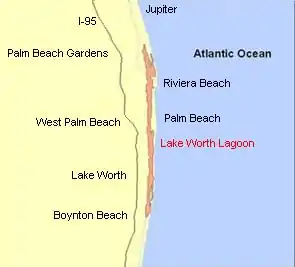 Location of Lake Worth Lagoon in Palm Beach County, Florida