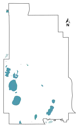 Lakes, in blue, against a white background with the outline of Minneapolis in black