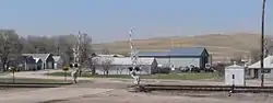 Looking north from Nebraska Highway 2 at Nebraska Highway 250 at is crosses the BNSF tracks in Lakeside, April 2011