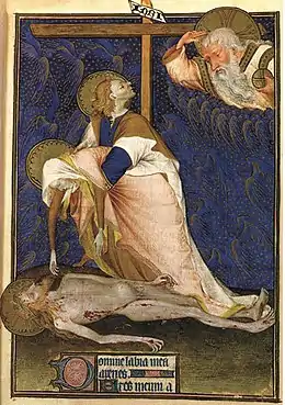 An individual Lamentation from the Rohan Hours.  The grieving Virgin cannot be consoled by the Apostle John, who looks up in consternation at a saddened God.