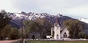 Lamoille Presbyterian Church with the Ruby Mountains in the background