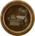 Gold coins in a treasure box, drawing moths. Shown with a vase of flowers.