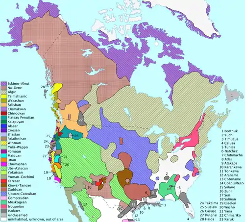 Image 23Language families of Indigenous peoples in North America shown across present-day Canada, Greenland, the United States, and northern Mexico (from Indigenous peoples of the Americas)