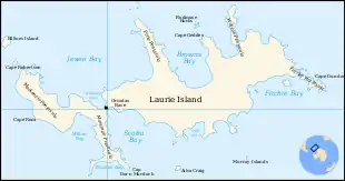  Outline lap of an irregular-shaped island showing Scotia Bay and the site of the Orcadas weather station