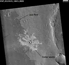 Lava flow and crater ejecta, as seen by HiRISE. Impact penetrated into light-toned material then spread it on darker surface. Scale bar is 500 meters long.