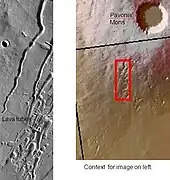 Lava tubes were once covered over with lava flowing in them, but the roofs have now collapsed and the lava has left. Also, some straight troughs (grabens) crosscut the lava channels. Picture taken by THEMIS.