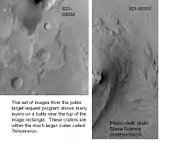 Pedestal craters and layers in Tikonravev Crater in Arabia, as seen by Mars Global Surveyor (MGS) with the Mars Orbiter Camera, under the MOC Public Targeting Program.  Layers may form from volcanoes, the wind, or by deposition under water.  Some researchers believe this crater once held a massive lake.