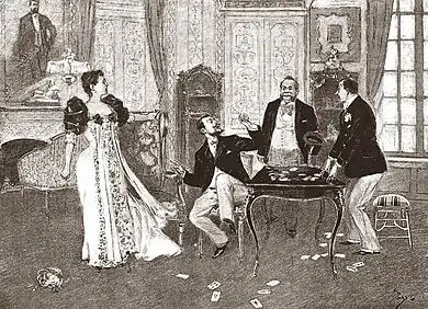 sketch of a stage scene with a woman standing, left, a man centre, seated at card table, a fat man standing to his right (from the onlooker's viewpoint) and another man to the latter's right. All four are looking nonplussed