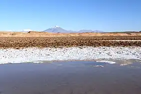 Photo of land rising above a lake, with a white capped mountain