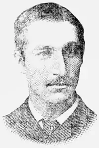 A black and white portrait illustration of a man with a mustache wearing a suit and tie