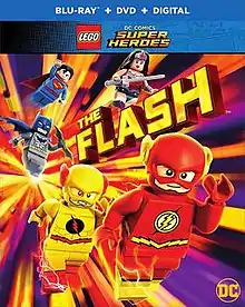 Blu-ray cover for Lego DC Comics Super Heroes: The Flash, featuring the Reverse-Flash, the Flash, Batman, Superman and Wonder Woman.