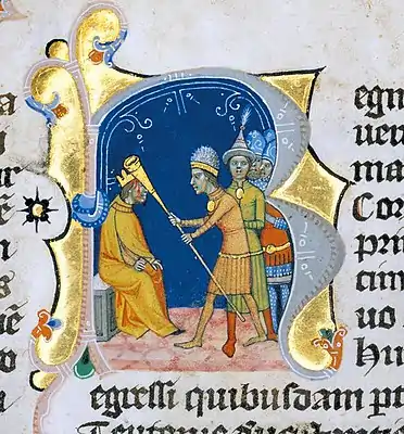 Chronicon Pictum, Hungarian, Hungary, Lehel, horn, Conrad, emperor, German, Battle of Lechfeld, medieval, chronicle, book, illumination, illustration, history