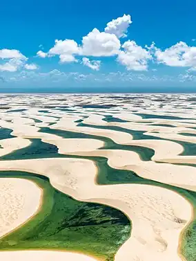 Image 20Lençóis Maranhenses National ParkPhotograph: Julius DadaltiLençóis Maranhenses National Park (Parque Nacional dos Lençóis Maranhenses) is a national park located in Maranhão state, in northeastern Brazil, just east of the Baía de São José. Protected since June 1981, the 383,000-acre (155,000 ha) park includes 70 km (43 mi) of coastline, and an interior of rolling sand dunes. During the rainy season, the valleys among the dunes fill with freshwater lagoons, prevented from draining due to the impermeable rock beneath. The park is home to a range of species, including four listed as endangered, and has become a popular destination for ecotourists.More selected pictures